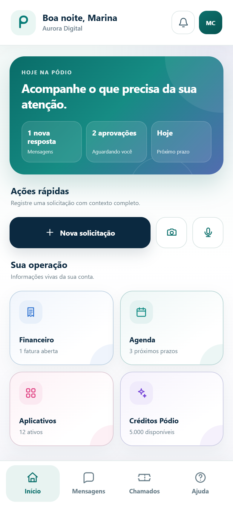 Tela inicial do App Pódio com pendências, nova solicitação e informações da operação